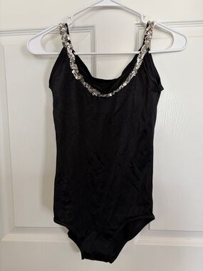 Vintage Black Sequin-Trim Dance/Gym Leotard